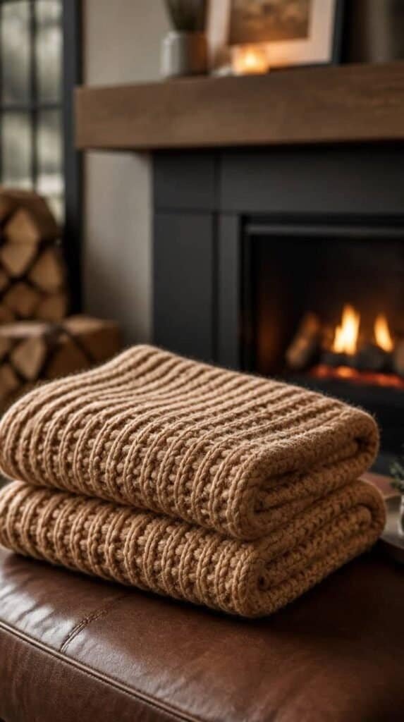 A chunky waffle stitch knit blanket in camel wool folded on a leather ottoman near a fireplace
