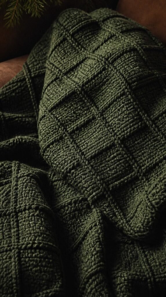 Close up texture of a chunky knit diamond stitch blanket in deep forest green wool showing raised geometric pattern