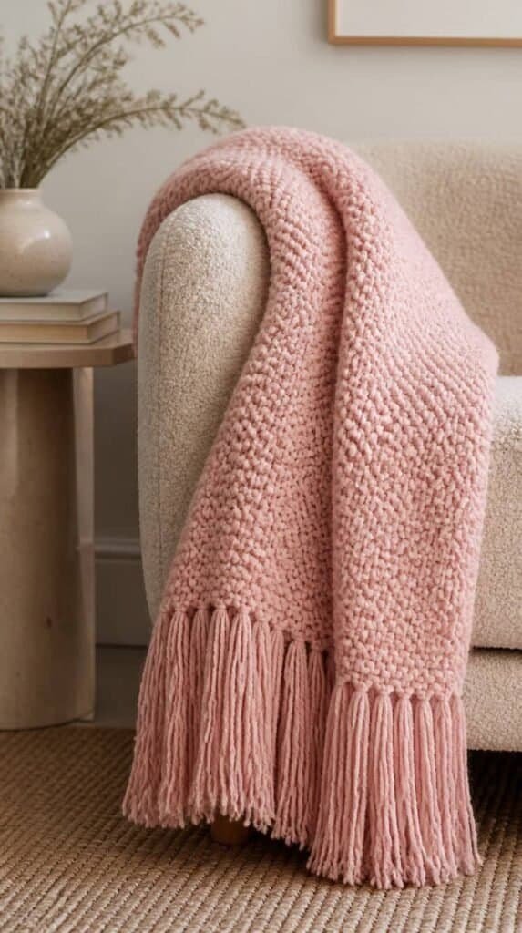 A chunky knit fringe edge throw blanket in blush pink wool draped over the arm of a boucle chair