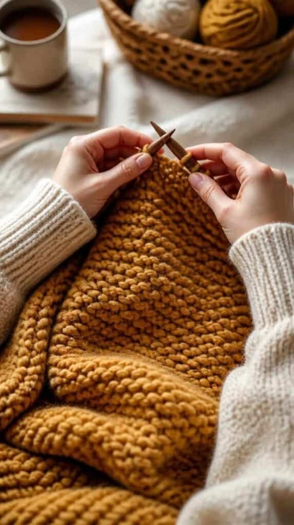 Hands using large wooden knitting needles to work a chunky garter stitch blanket in honey gold wool