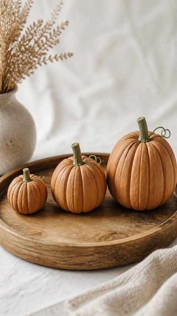 Three small handmade clay pumpkins in graduating sizes styled on a round wood tray