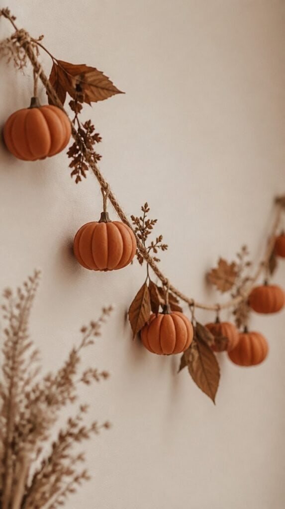 A garland of small handmade clay pumpkins strung on twine hanging against a neutral wall