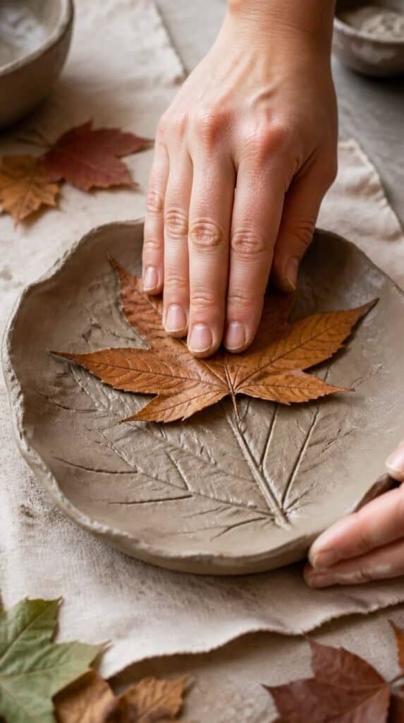 A hand pressing a real autumn leaf into wet clay to create a textured leaf bowl