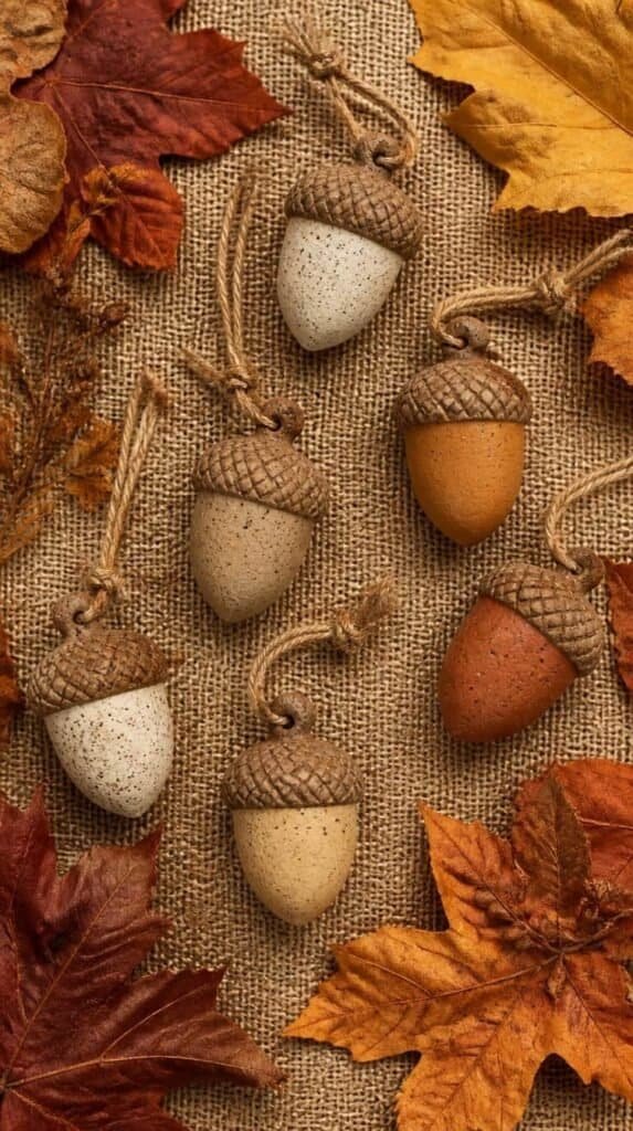 Small handmade clay acorn ornaments tied with jute twine styled on burlap fabric