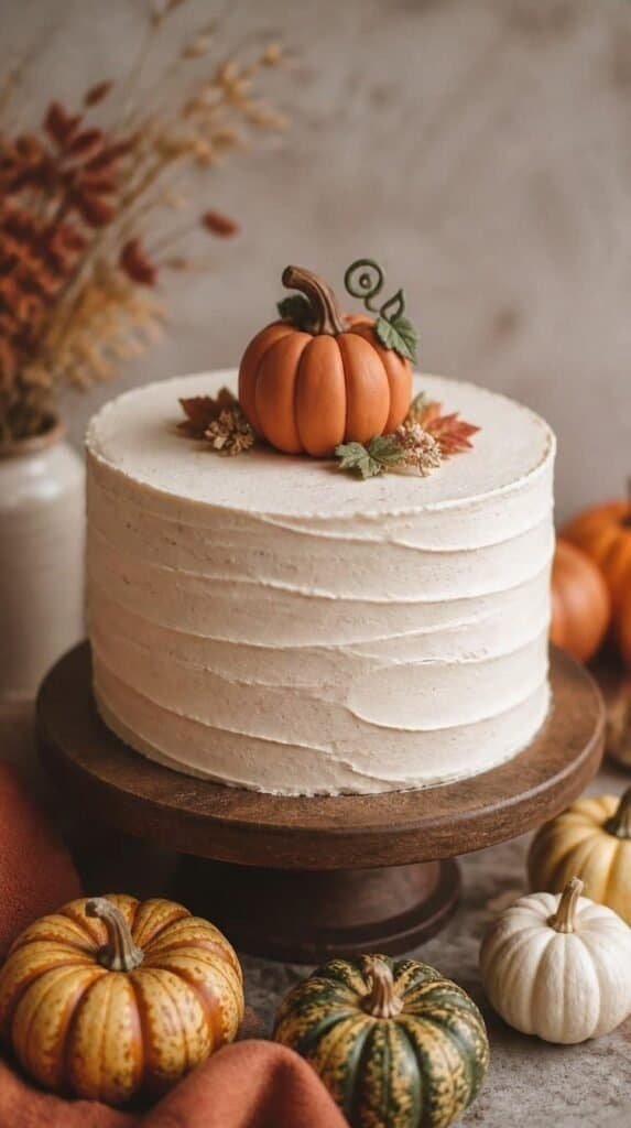 A mini handmade clay pumpkin cake topper on a frosted layer cake with small gourds nearby