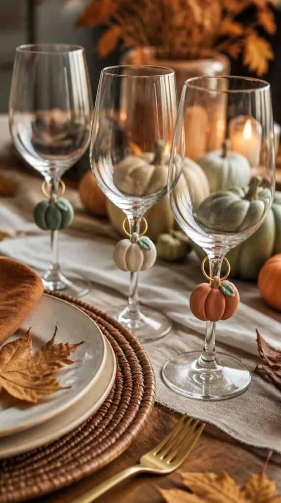 Small handmade clay pumpkin wine charms hanging on stemmed glasses at a set autumn table