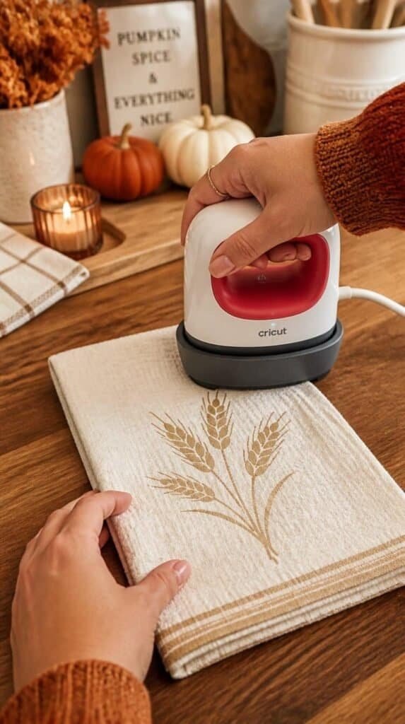 Hands pressing a wheat stalk heat transfer vinyl design onto a flour sack kitchen towel