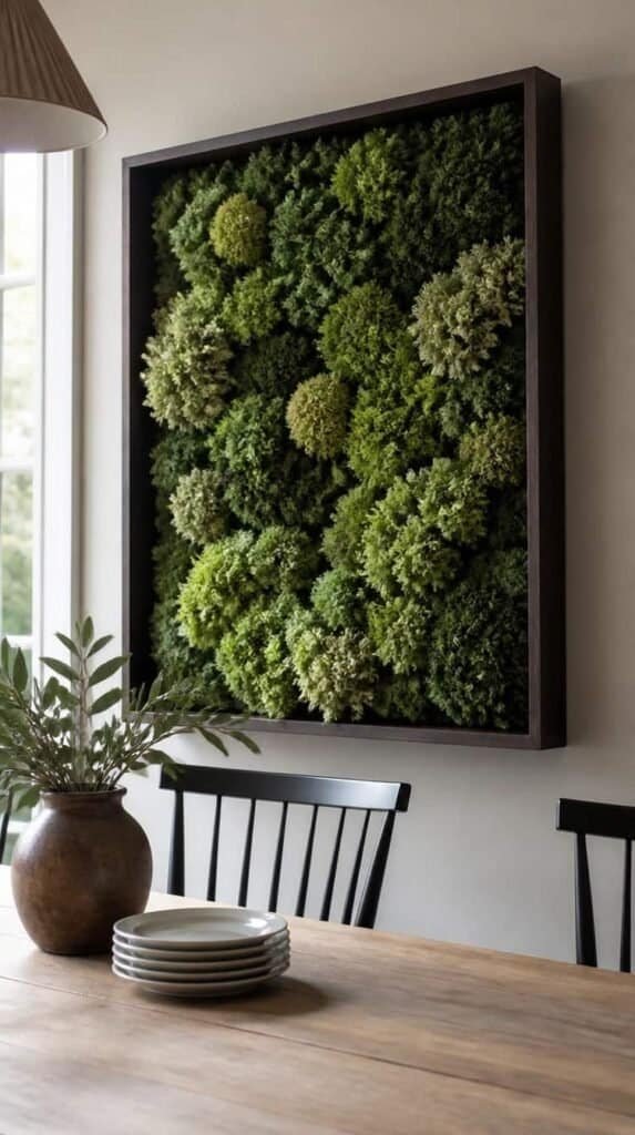 Deep shadow box frame filled with lush preserved reindeer moss