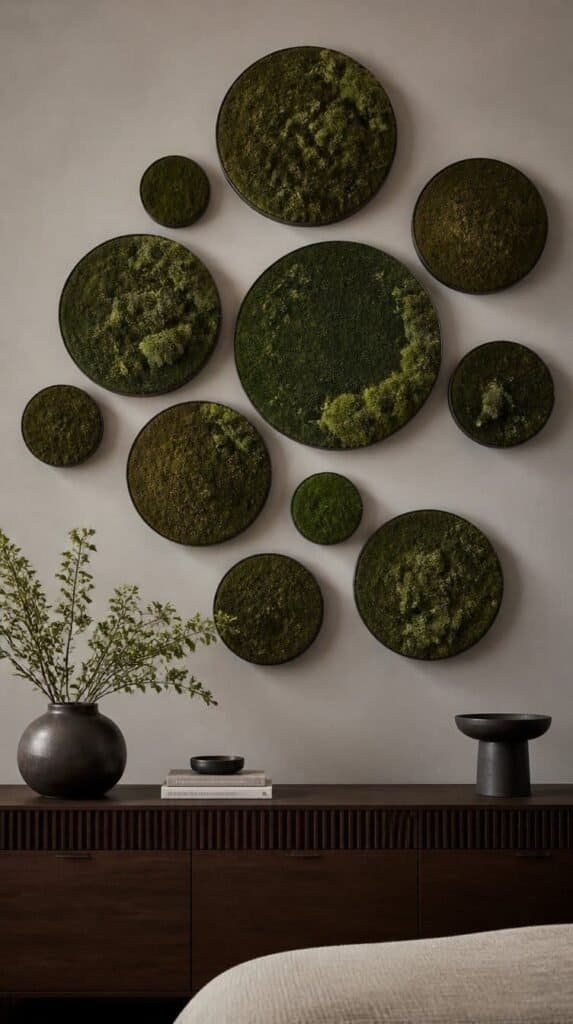 Cluster of round moss-covered wall discs in varying sizes