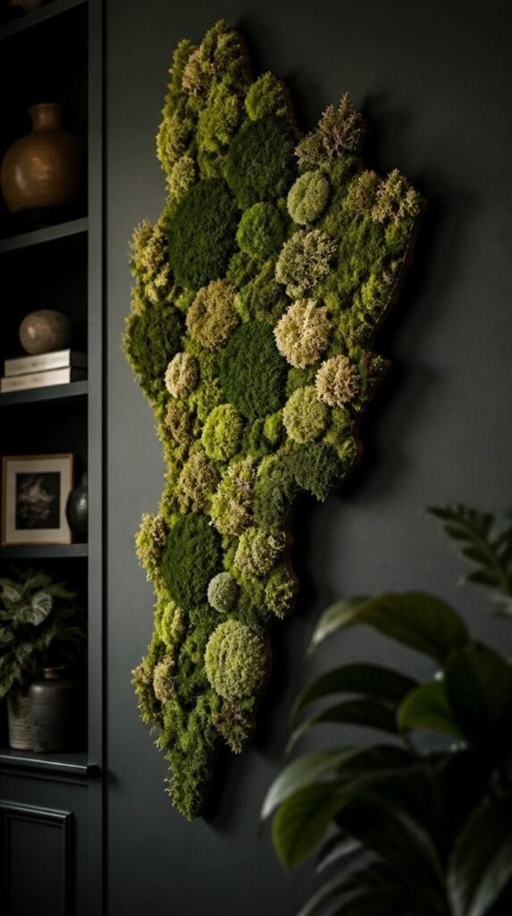 Moss covered wall art in the silhouette of a map outline