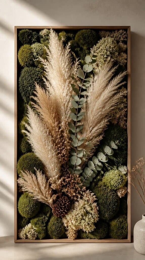 Preserved moss art piece layered with dried pampas grass and eucalyptus