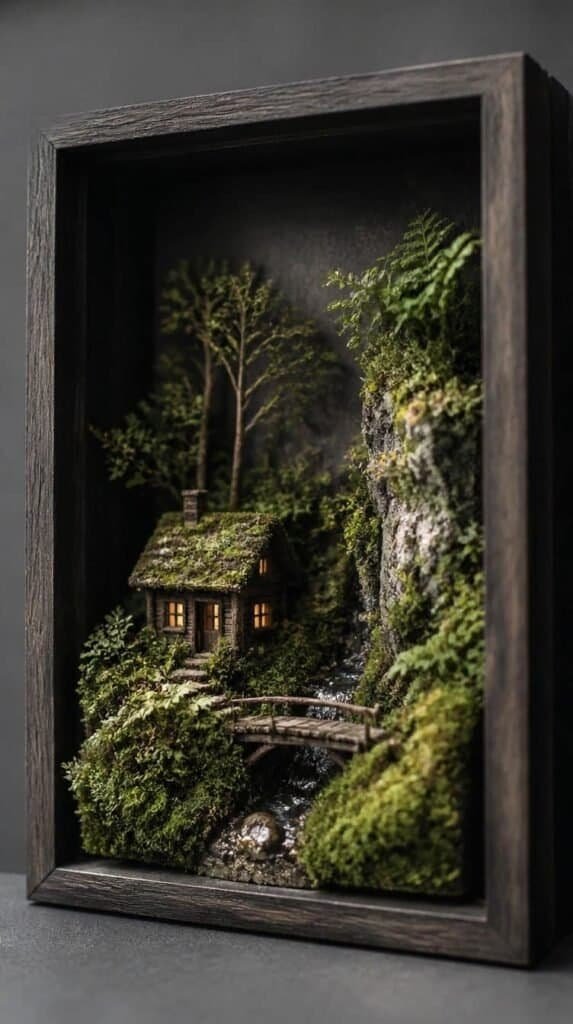 Miniature moss terrarium scene inside a deep shadow box frame