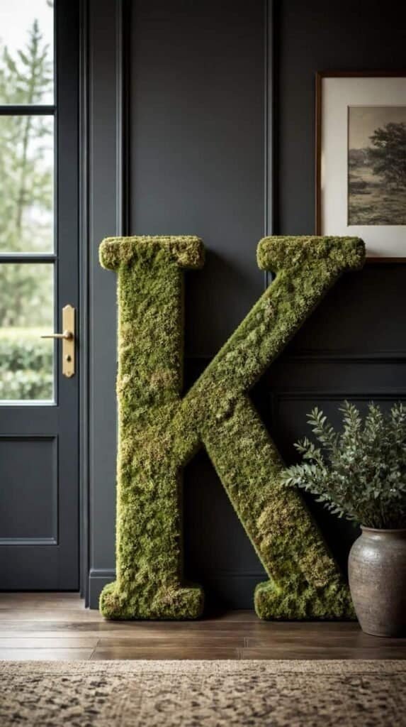 Oversized single wooden initial letter fully covered in preserved moss