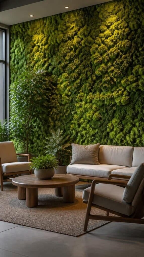 Full accent wall covered in preserved moss panels