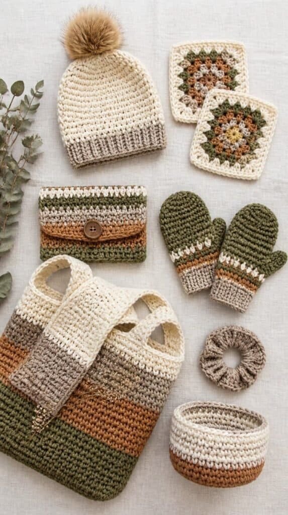 Collection of finished crochet products in a consistent color palette