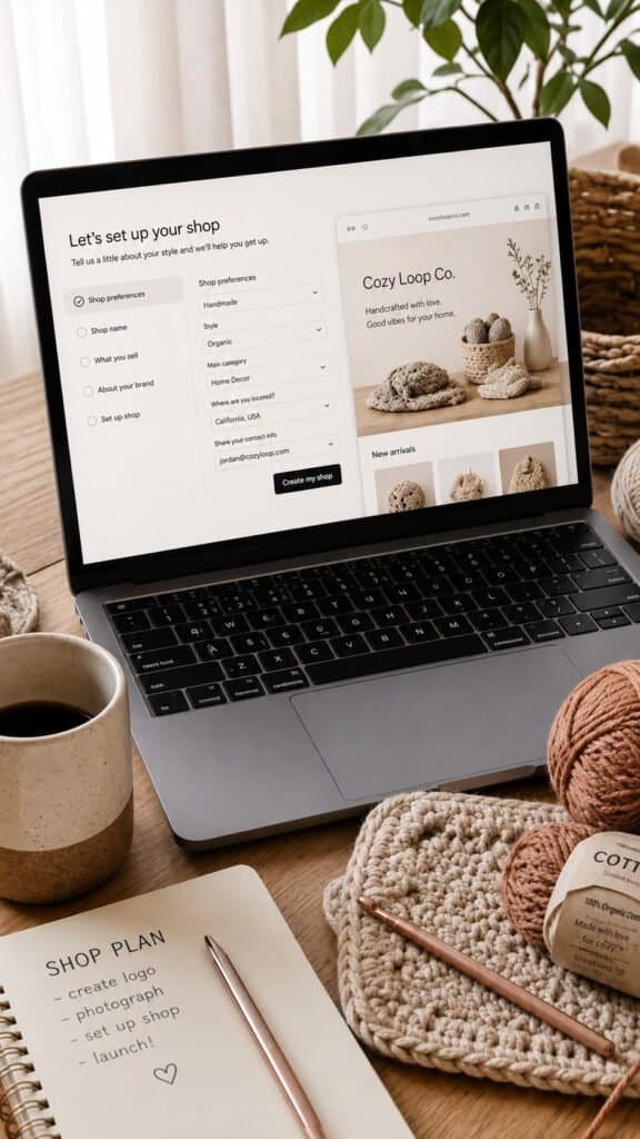 Laptop open to an online shop setup screen with crochet yarn nearby