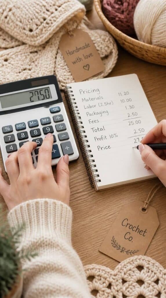 Hands using a calculator and notebook to price handmade crochet items