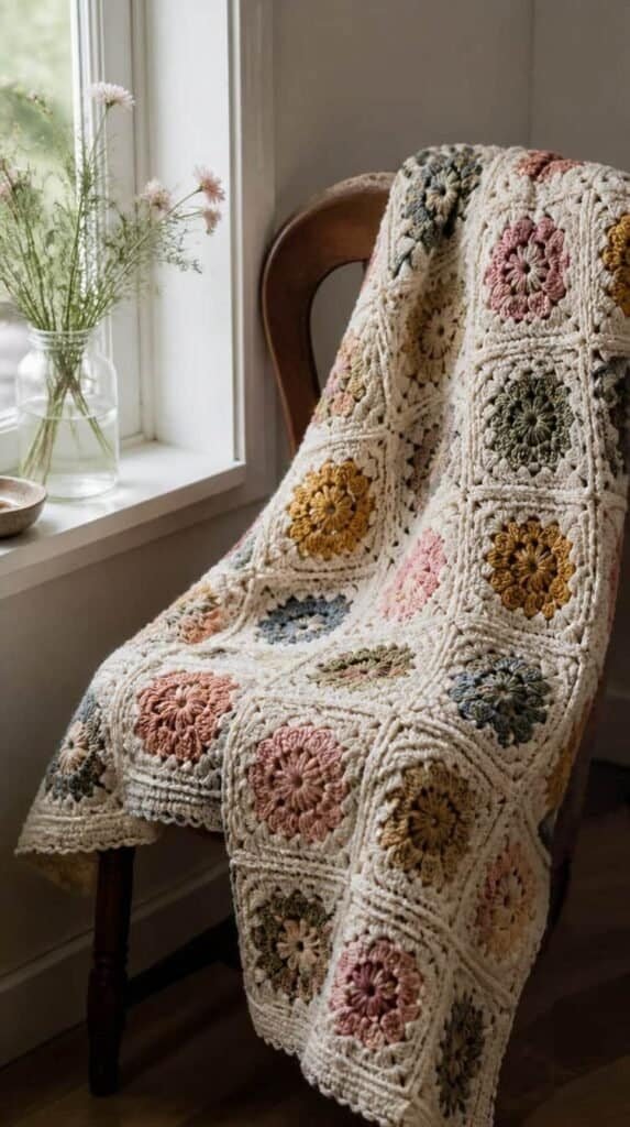 Handmade crochet blanket being photographed near a window