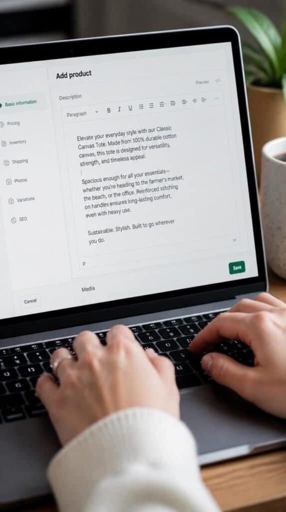 Person typing a product listing description on a laptop