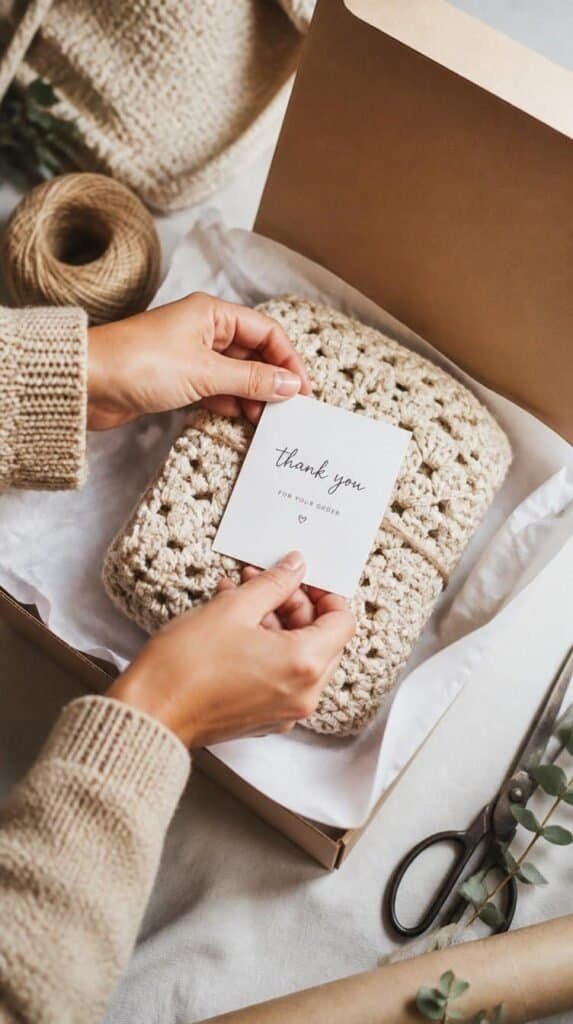 Handmade crochet item being wrapped and packaged with a thank you card