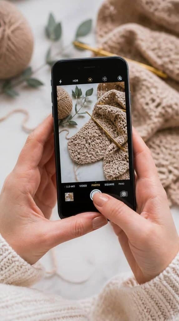 Person photographing crochet work in progress for social media