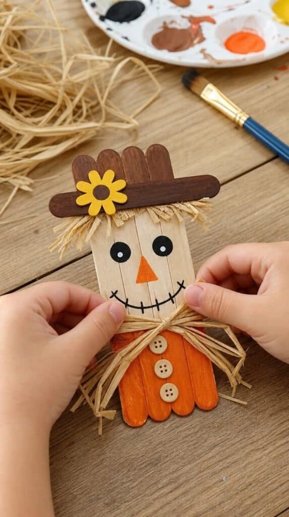 Hands assembling a popsicle stick scarecrow craft with raffia and paint