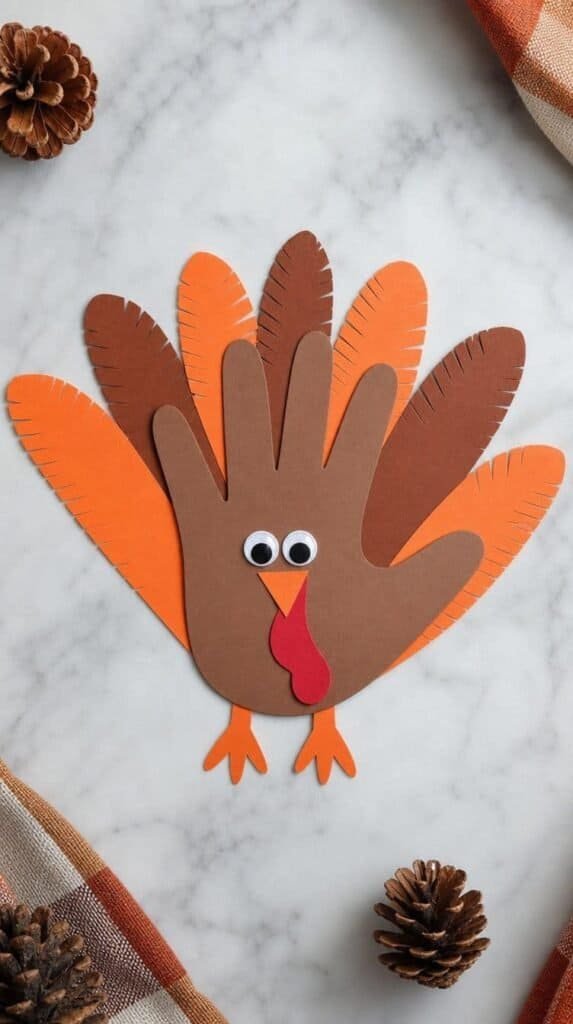 Handprint turkey paper cutout craft made from brown and orange construction paper - Dollar Store Fall Crafts