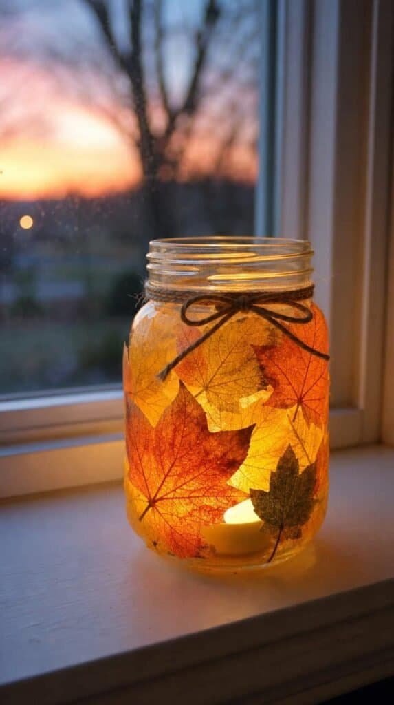 Mason jar leaf lantern craft glowing with a warm tea light on a windowsill