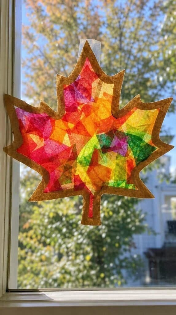 Paper bag leaf suncatcher craft taped to a sunlit window with colorful tissue paper