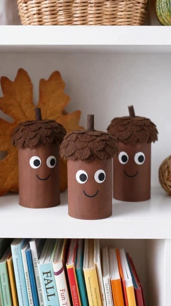 Toilet paper roll acorn buddy crafts painted brown with felt caps standing on a shelf