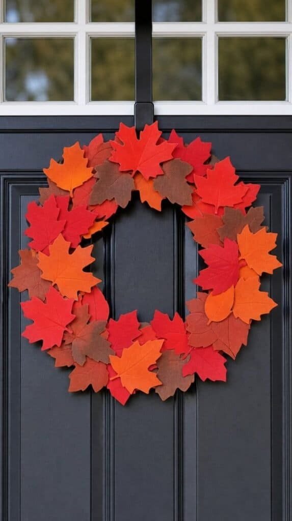Foam sheet fall wreath craft made from red orange and brown leaf shapes hanging on a door