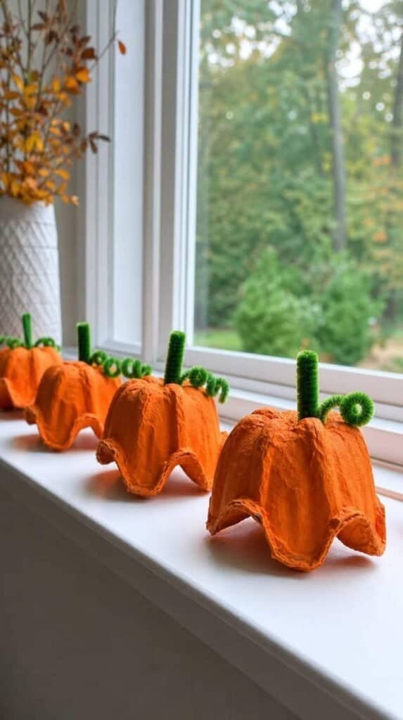 Row of egg carton pumpkin crafts painted orange with green pipe cleaner stems