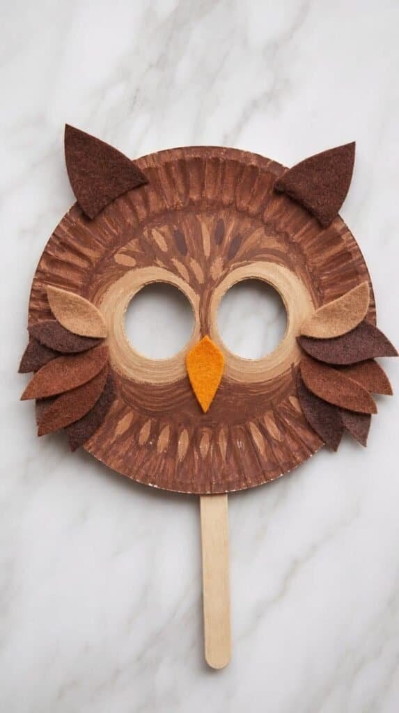 Paper plate owl mask craft painted brown with felt feathers and a popsicle stick handle