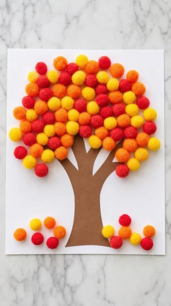 Pom pom fall tree craft on cardstock with red orange and yellow pom poms as the canopy