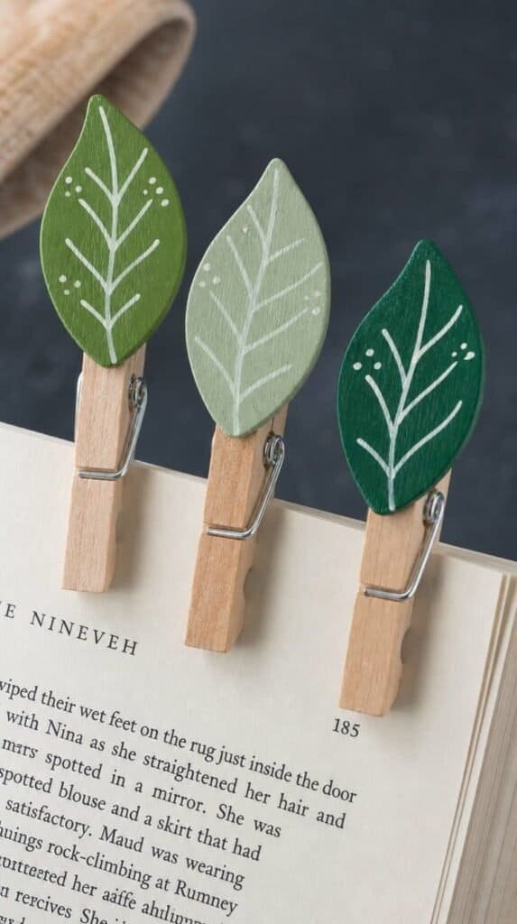 Wooden clothespin leaf bookmark crafts clipped onto a book