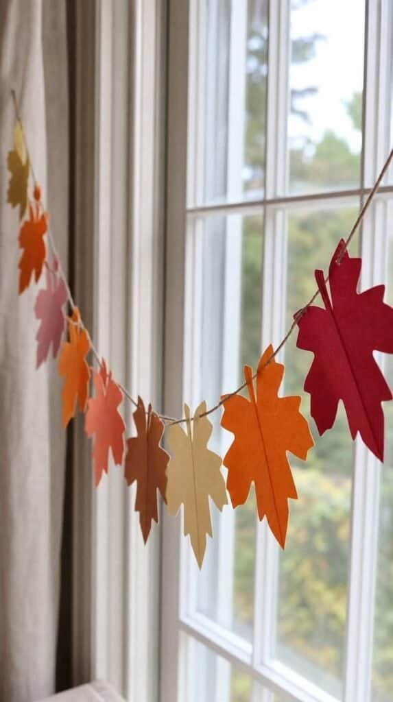 Paper leaf garland craft made from fall colored construction paper strung on twine