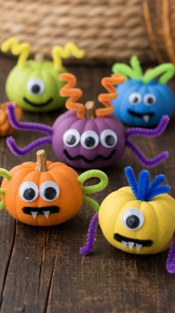 Googly eye monster pumpkin crafts made from mini foam pumpkins with pipe cleaner arms