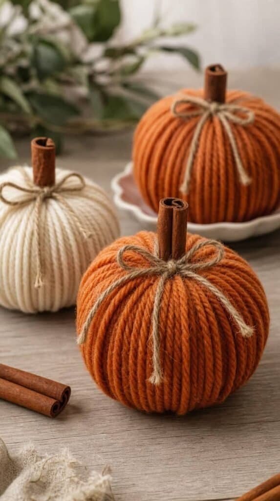 Yarn wrapped pumpkin crafts made from orange and cream yarn with a cinnamon stick stem