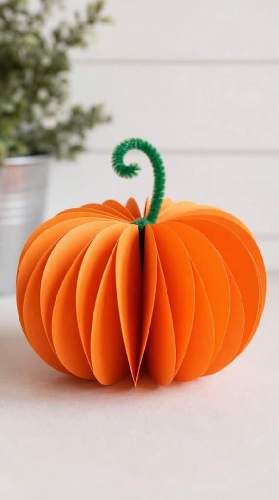 Paper rosette pumpkin craft made from folded orange paper strips with a green pipe cleaner stem
