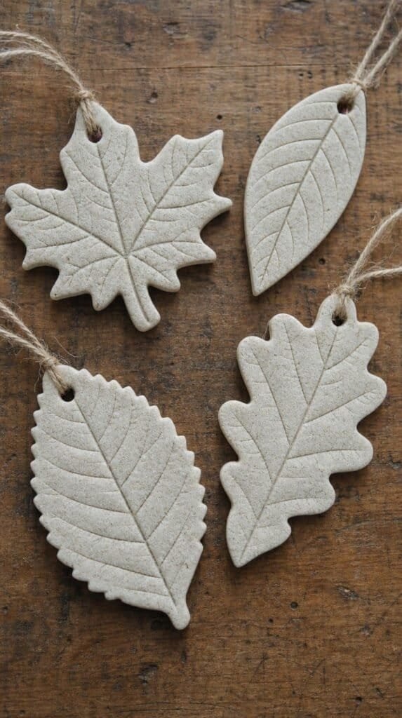 Salt dough leaf imprint ornaments with detailed leaf vein texture on a wood table