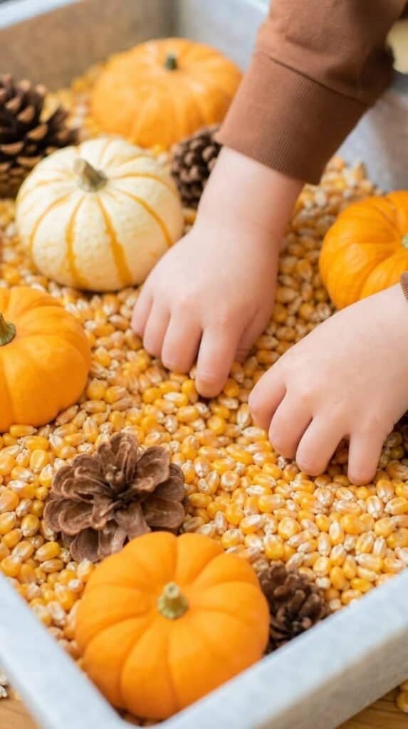 Hands digging through a fall sensory bin filled with dried corn kernels mini pumpkins and pinecones