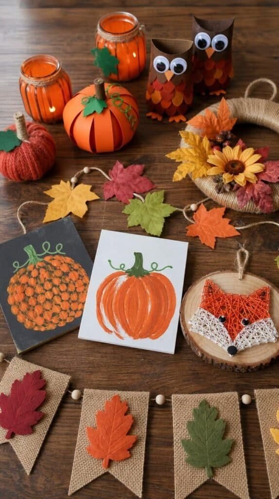 Table full of finished dollar store fall kids crafts arranged together