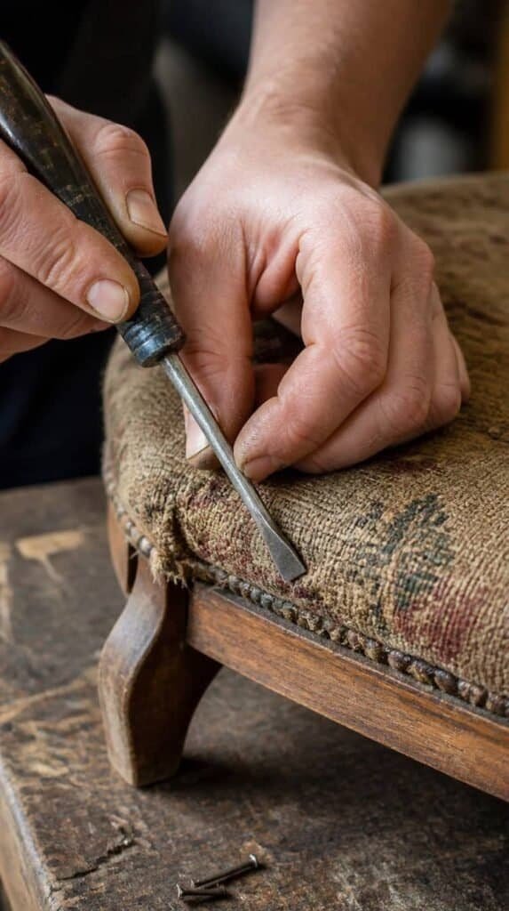 Hands pulling an upholstery staple from a chair seat with a flathead screwdriver -how to reupholster a chair