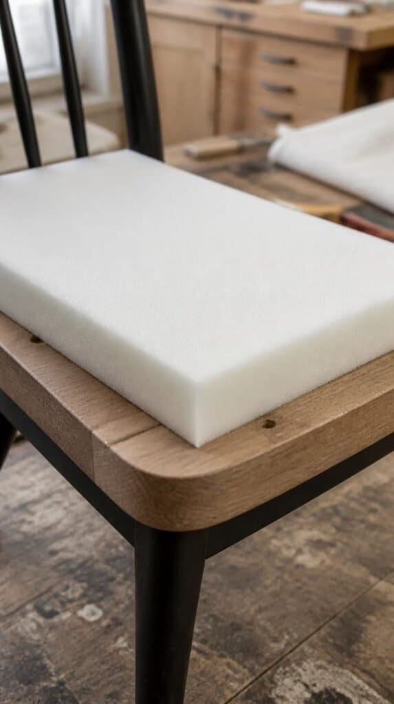 Chair seat board with a fresh piece of high-density foam being placed on top