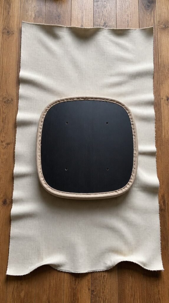 New upholstery fabric laid face down with a padded chair seat board centered on top