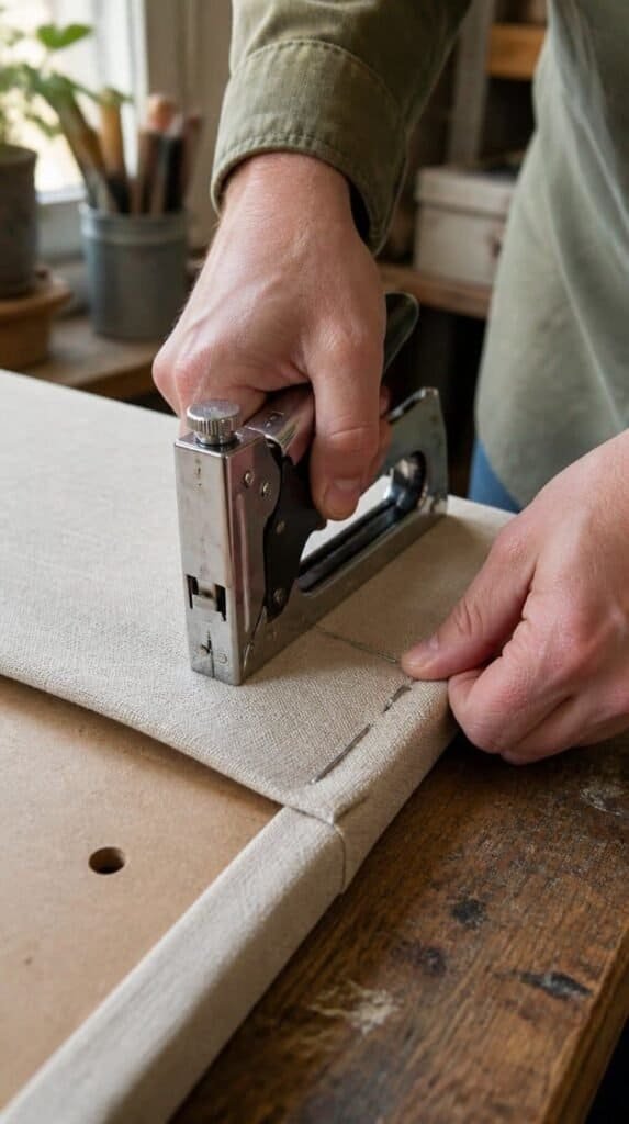 Hands using a staple gun to attach new upholstery fabric to a chair seat board