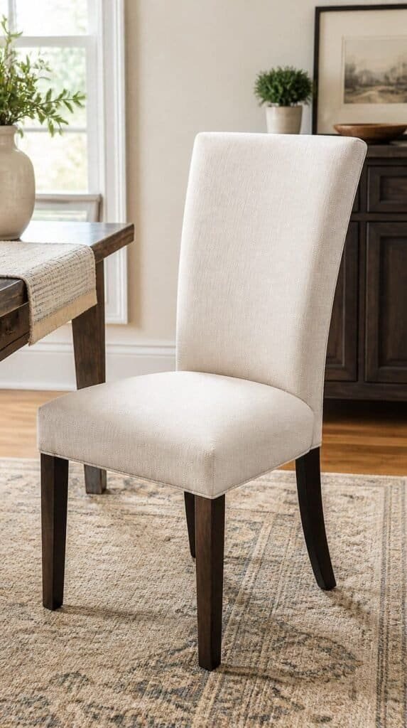Fully reupholstered dining chair with clean new fabric styled in a bright room