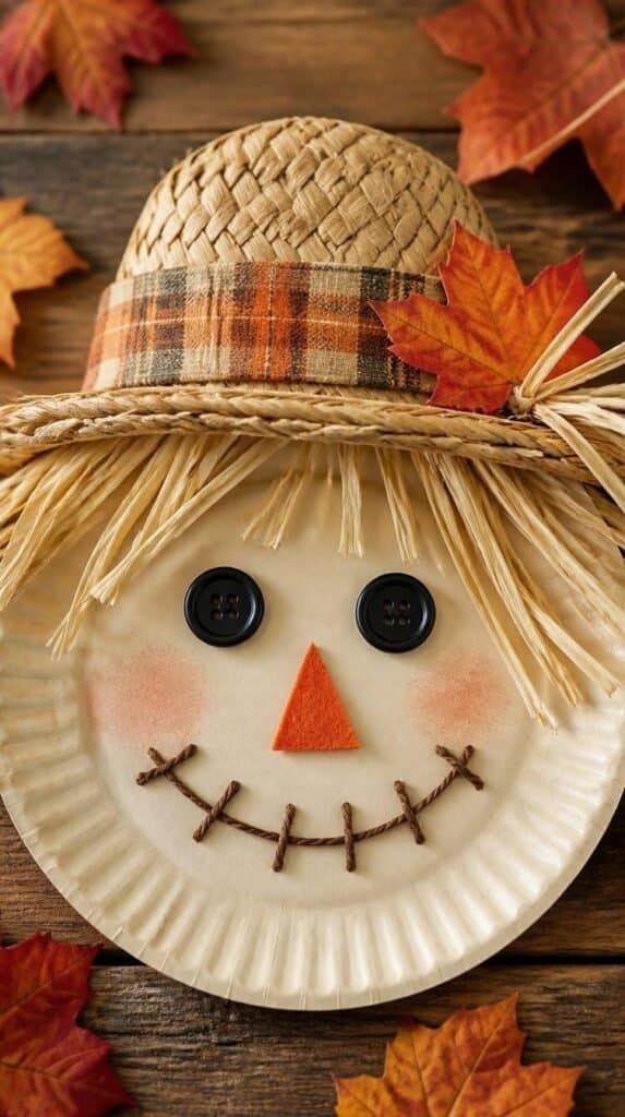 Paper plate scarecrow craft with raffia hat for fall classroom craft activities