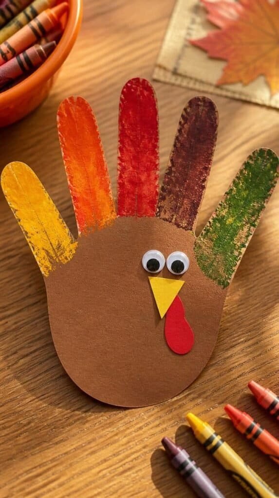 Handprint turkey craft made from brown construction paper for elementary students