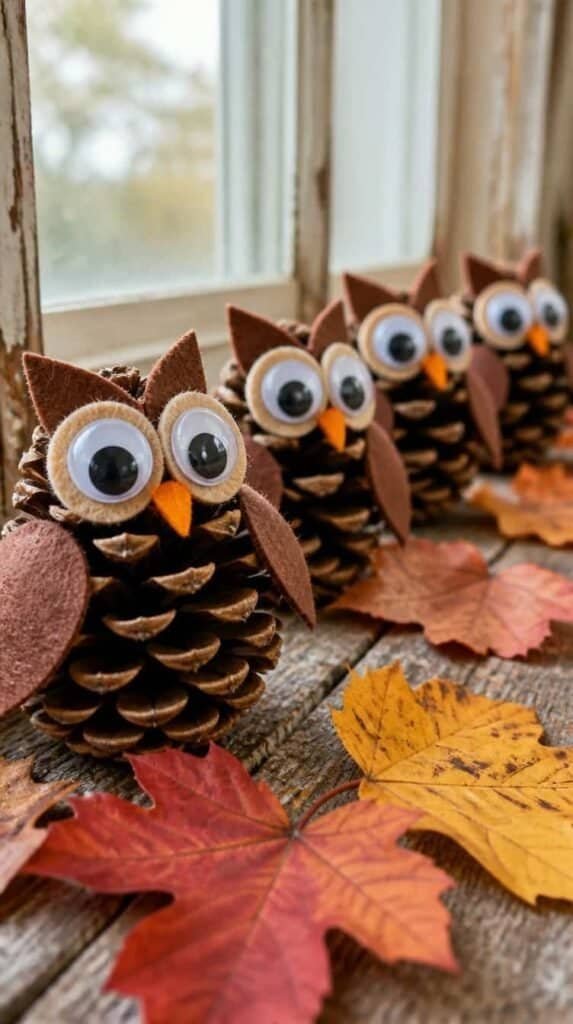 Pinecone owl crafts with felt wings for a fall classroom activity